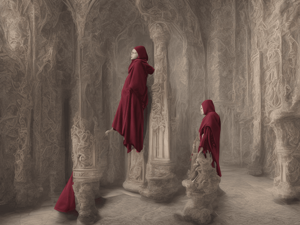 AI generated: 
High-resolution photography of with the focus one soprano singer a female monk in dark burgundy hig...