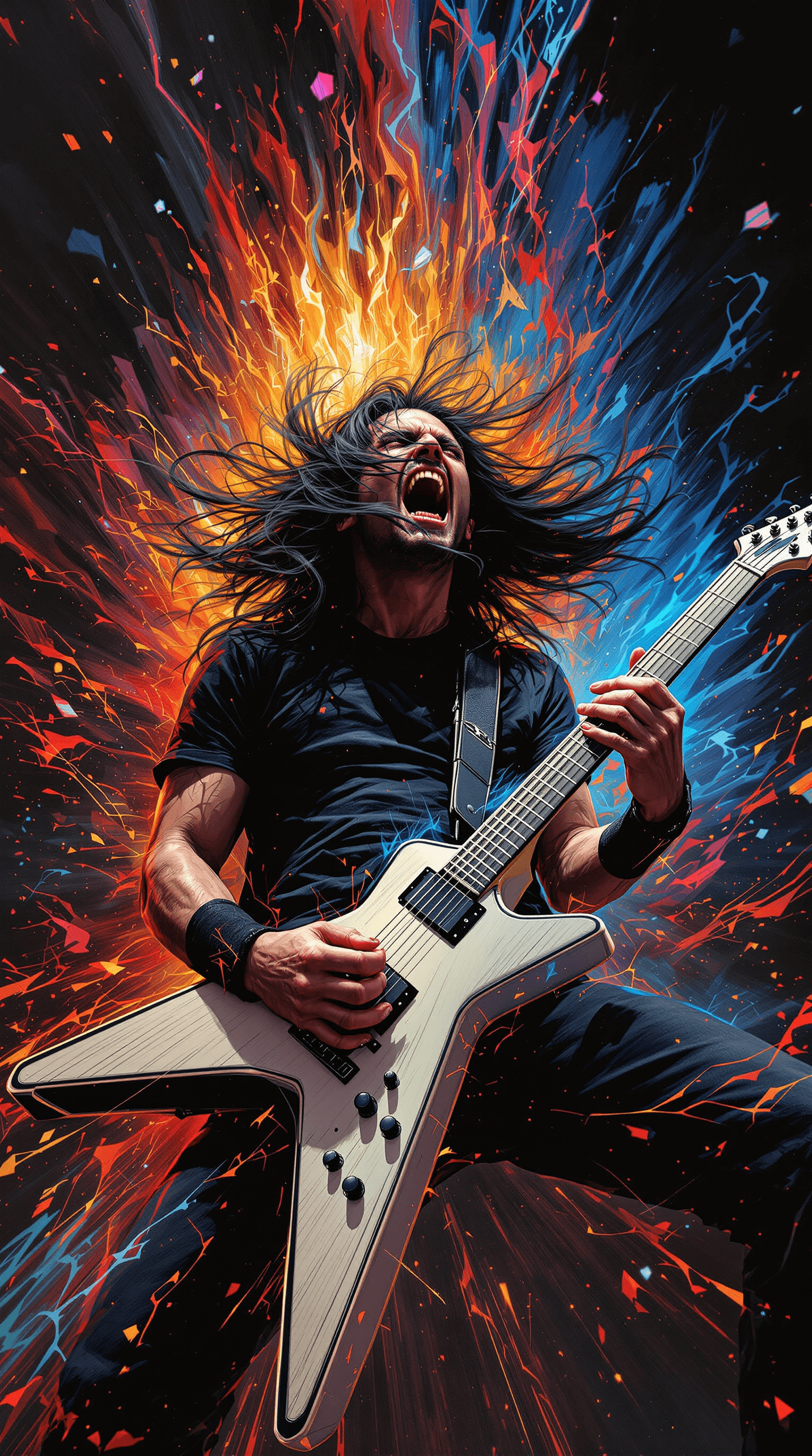 AI generated: A high-speed, dynamic portrayal of a 30-something, medium-built guitarist reminiscent of Kirk Hammet...