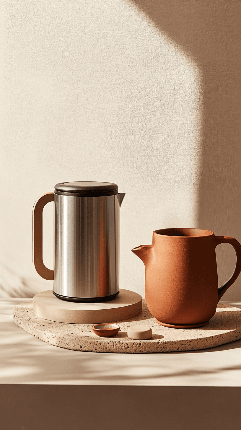 AI generated: A minimalist, stainless steel electric kettle next to a hand-crafted clay teapot with earthy tones a...