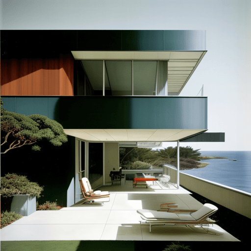 AI generated: Hyper realistic eye level exterior photo of a mid century modern style house overlooking the ocean, ...
