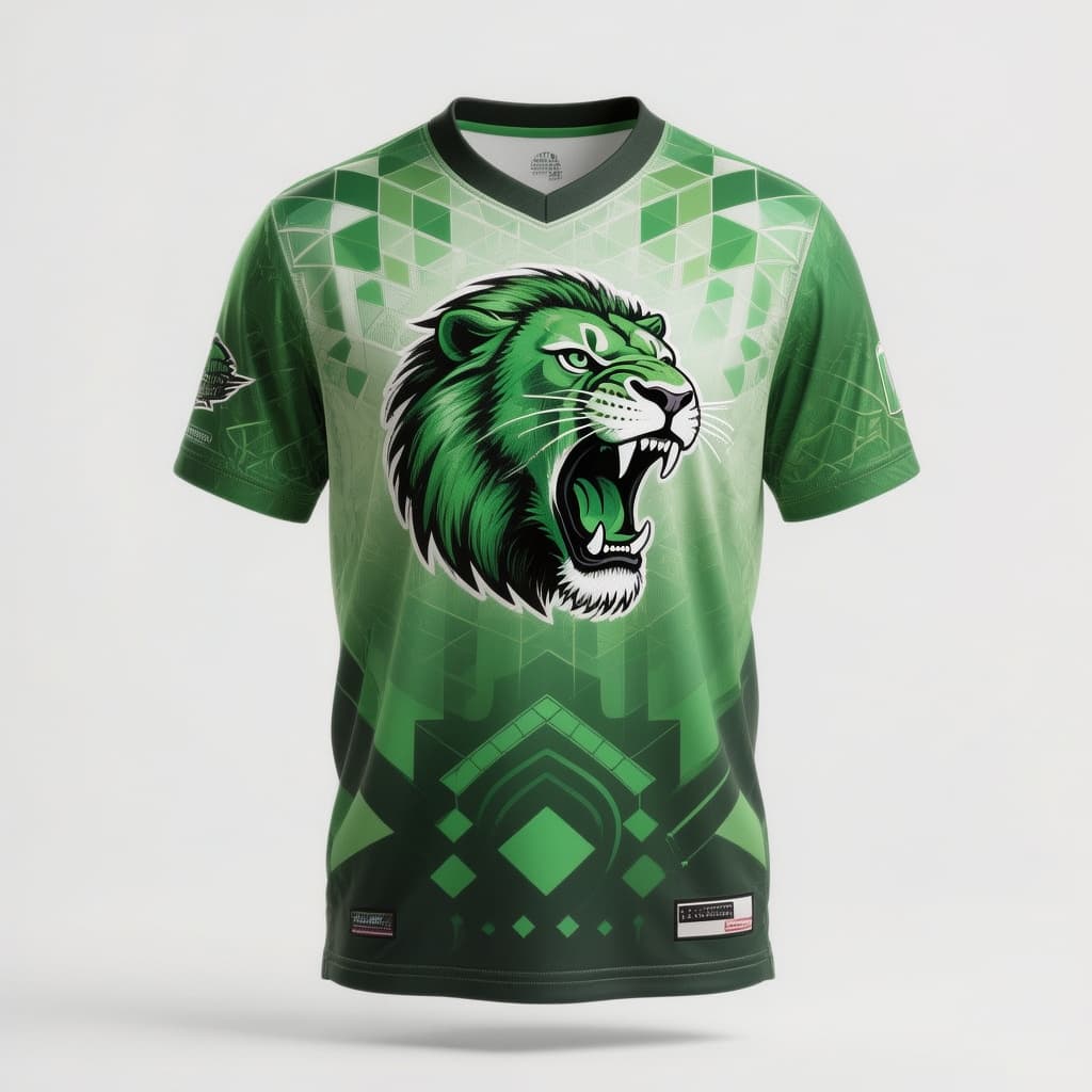 AI generated: 

back and front mock up t-shirt with green  themed geometric  shapes gradient style football styl...