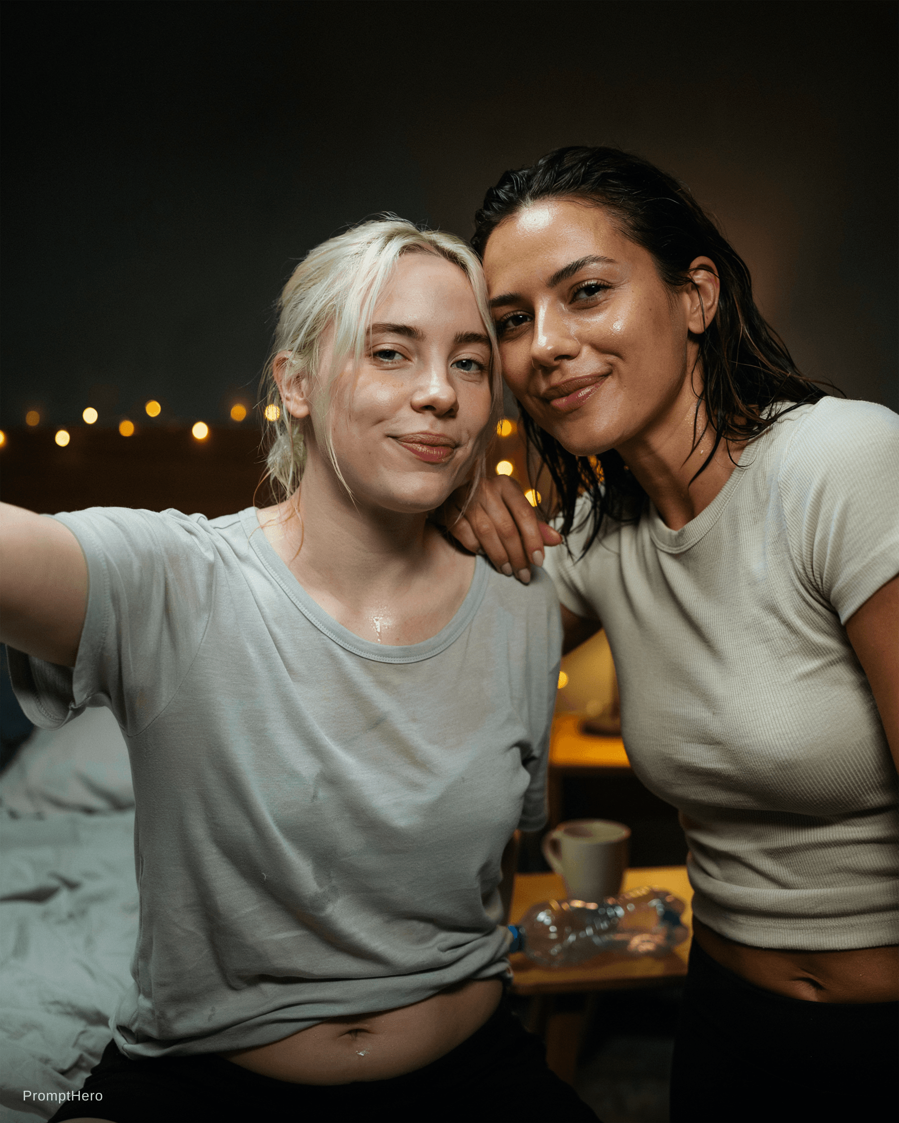 AI generated: Billie Eilish is wearing a light undershirt; she is silent in a nighttime selfie, looking sweaty wit...