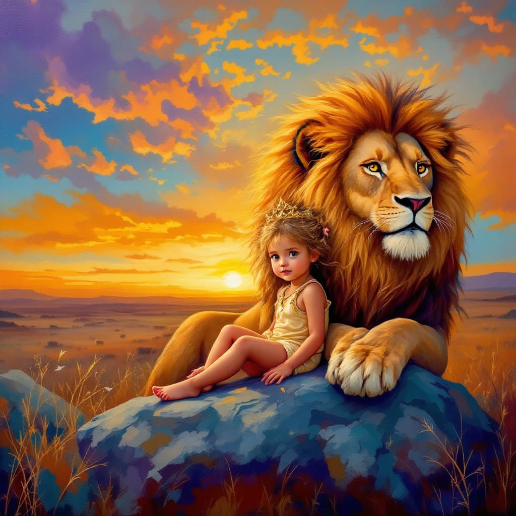 AI generated: a toddler girl raised by a pride of lions, her hair a wild mane of golden locks, sitting regally on ...