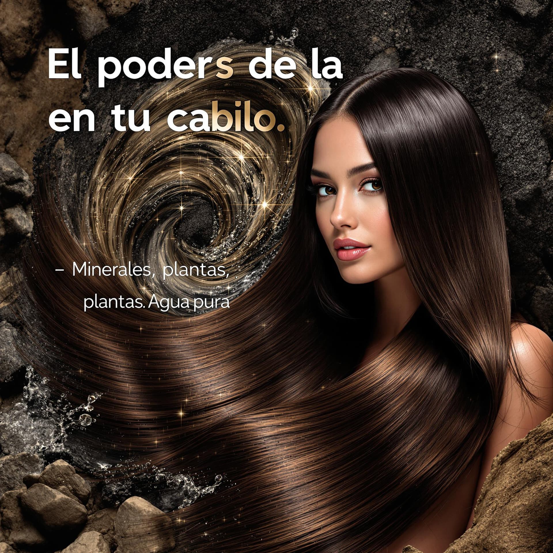 AI generated: Beauty campaign visual. A confident woman with sleek, shiny dark brown hair surrounded by swirling m...