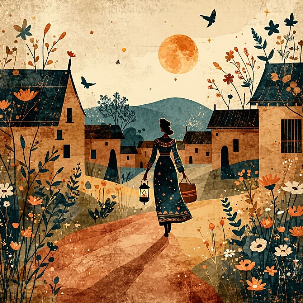 AI generated: A folk art interpretation of a woman walking through an ancient village at dusk, carrying a lantern....
