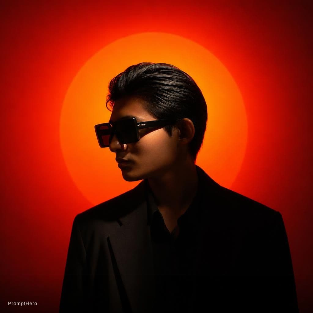 AI generated: A person with slicked-back dark hair wearing oversized square sunglasses is shown in a dramatic, cin...