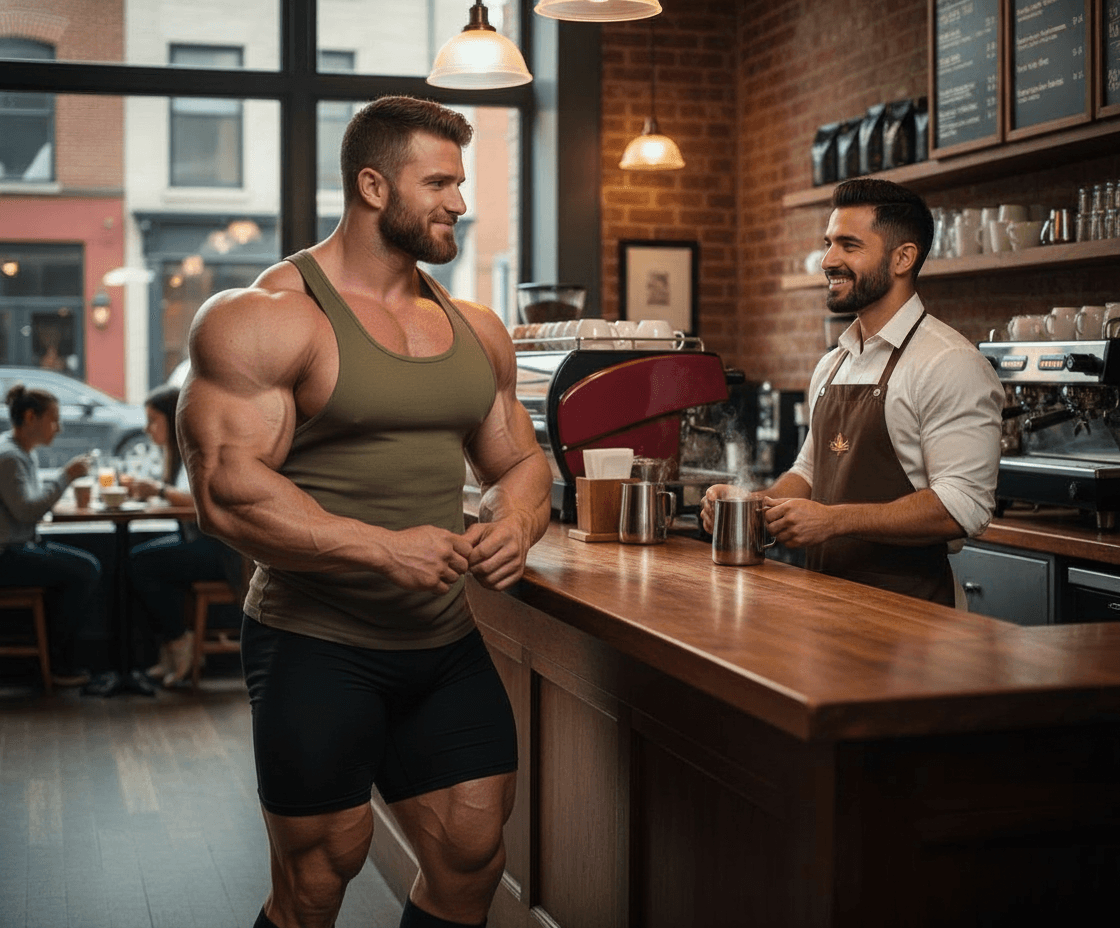 AI generated: Expand image. Bodybuilder wears black spandex shorts, a olive green tank top, he has huge muscular l...