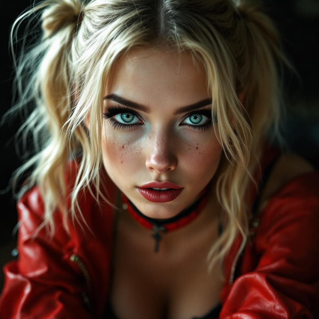 AI generated: blonde, 30 years old, big eyes, dual ponytails haircut, black eyeliner, black eyeshadow, long lashes...