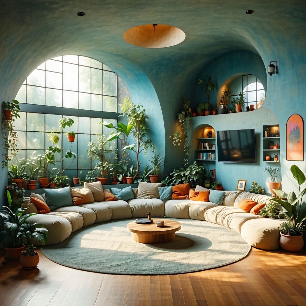 AI generated: High resolution photography interior design, dreamy sunken living room conversation pit, wooden floo...