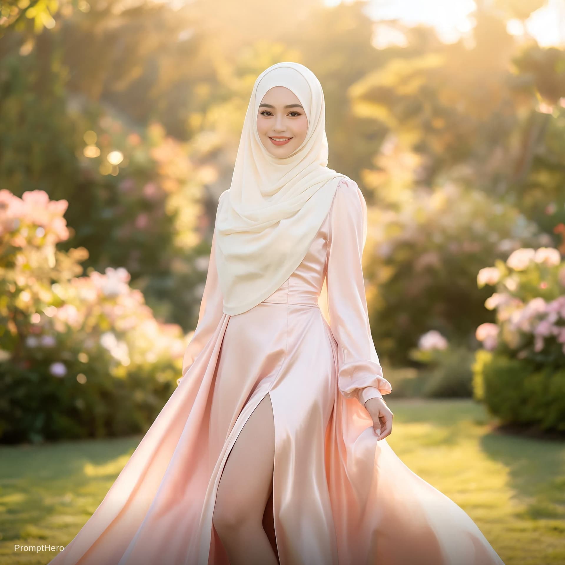 AI generated: Hijab beautiful woman with a long dress with open slit to her waist 
