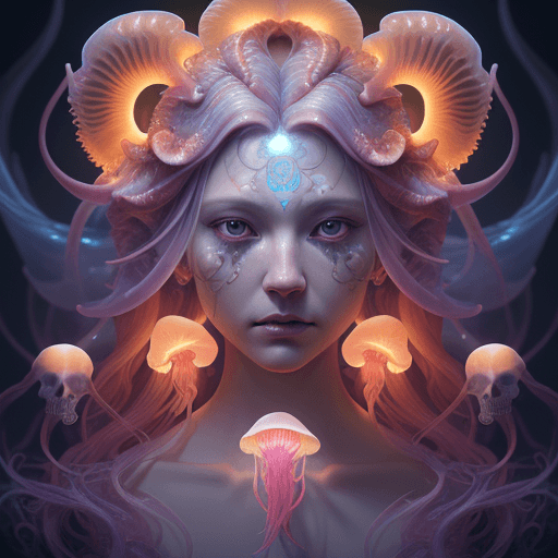 AI generated: Goddess close-up portrait ribcagel. jellyfish phoenix head, nautilus, orchid, skull, betta fish, bio...