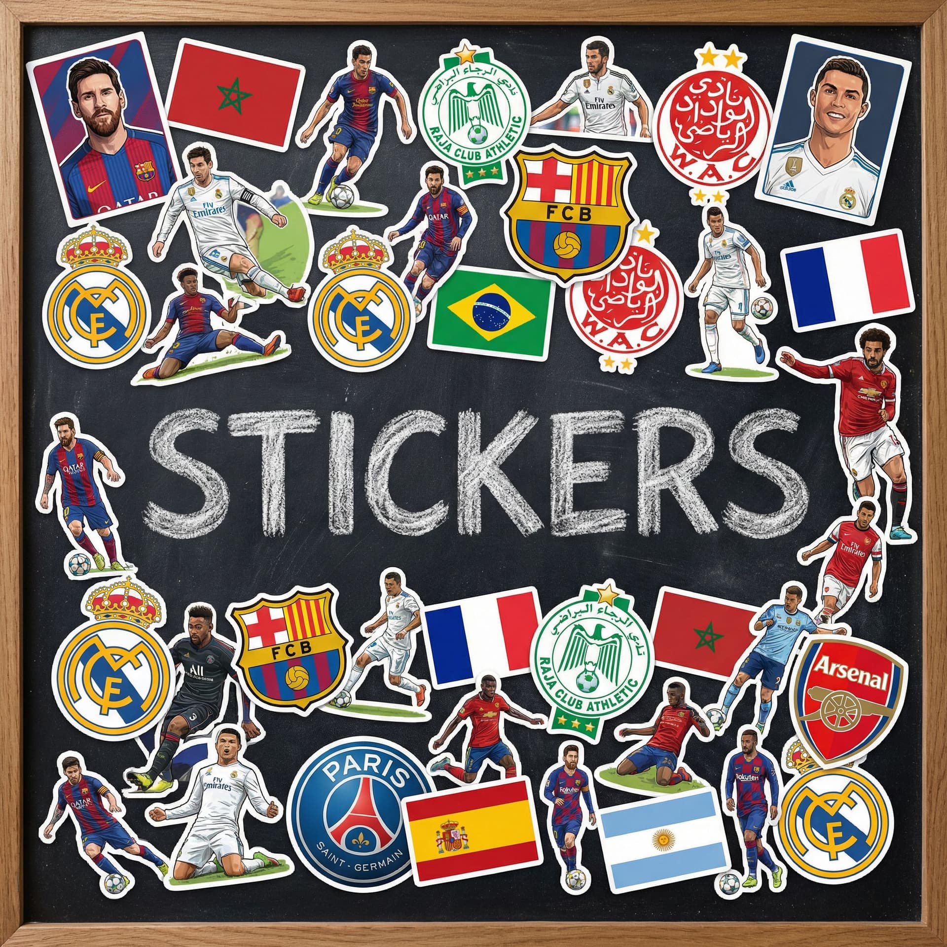 AI generated: Use the provided blackboard image as the base background.

Fill the board with many football-themed ...