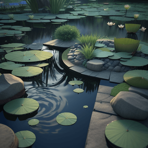 AI generated: a pond with water lilies and rocks in it, a digital rendering by Wu Wei, shutterstock contest winner...