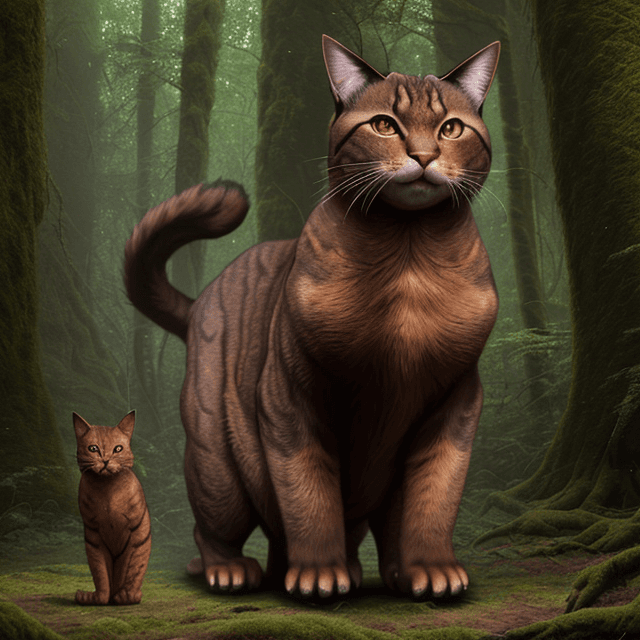 AI generated: frontal view of a nice, wise, giant brown cat standing in a  prehistoric forest,  frontal view of a ...