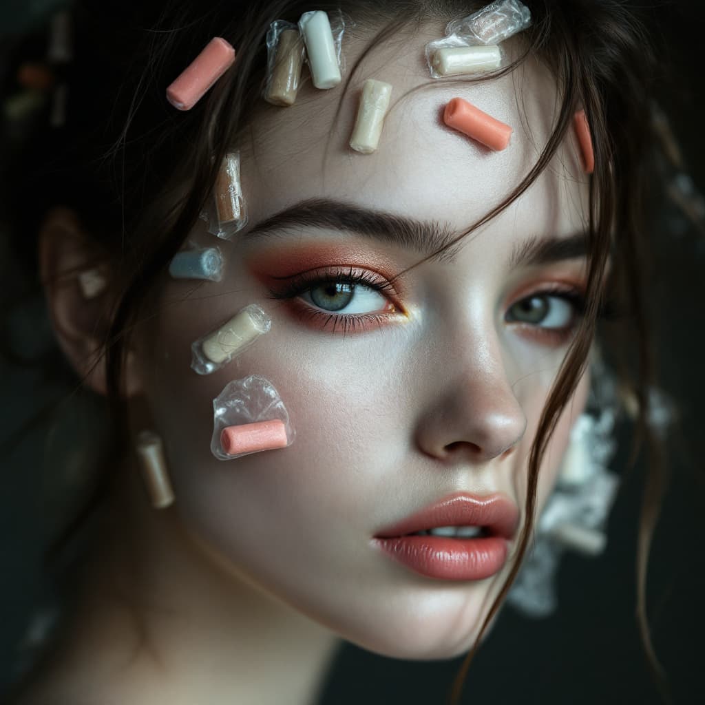 AI generated: A photo model with chewing gum stuck in her hair.