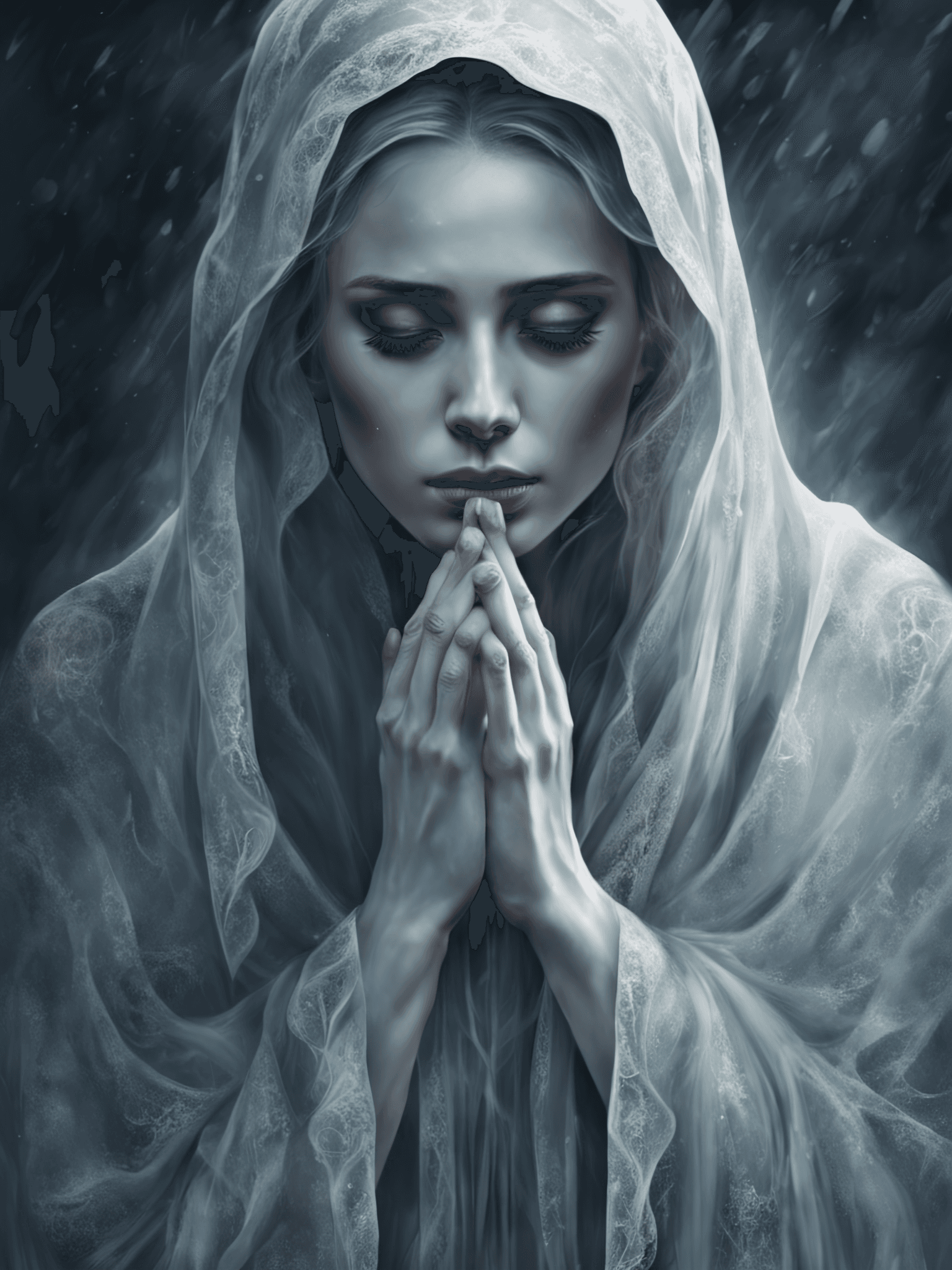 AI generated: breathtaking Pale ghost figure crying, Surrealistic detailed background, Artistic color effect, Cent...