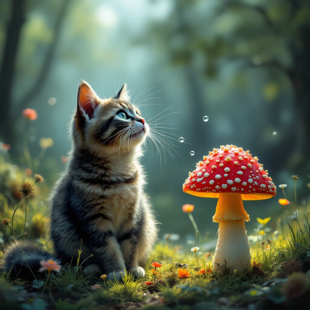 AI generated: Findus the cat fishing from an amanita mushroom.
