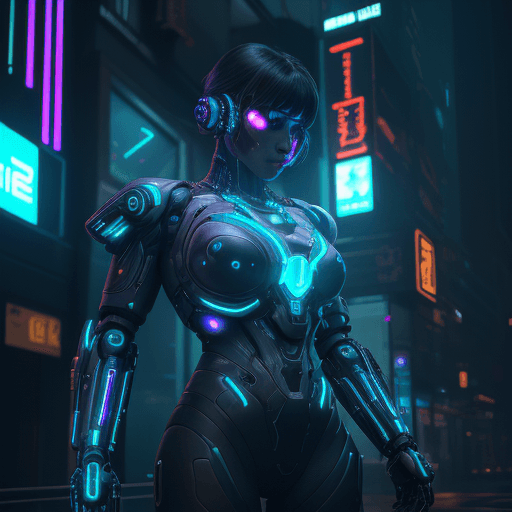 AI generated: Police sci-fi wearing cybernetic black armor in a cyberpunk city, modern exosuit, neon lights reflec...