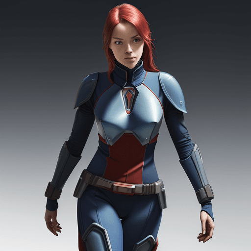 AI generated: female in (blue with red trim mandalorian suit with a kama) , (((full body visible) )), looking at v...