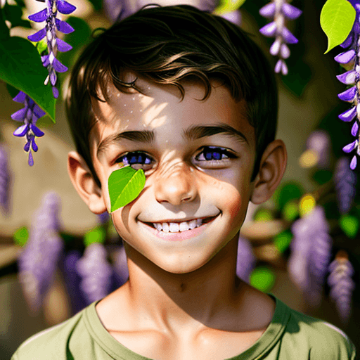 AI generated: portrait, tan skinned boy, perfect face, wisteria purple eyes, perfect smile, 
