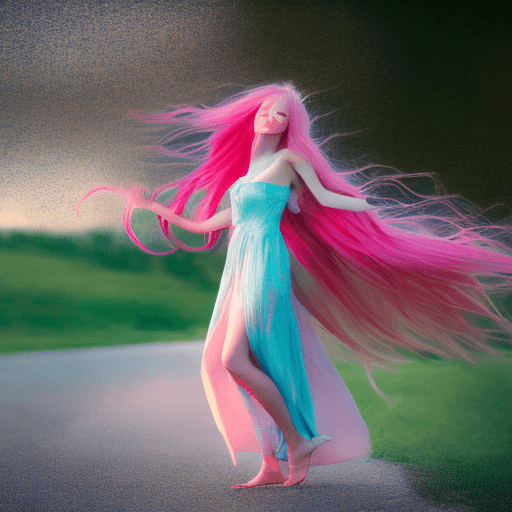 AI generated: a girl, light dress, strong wind, long pink hair, (apterus style:1.3), (dark shot:1.4), 80mm, soft l...