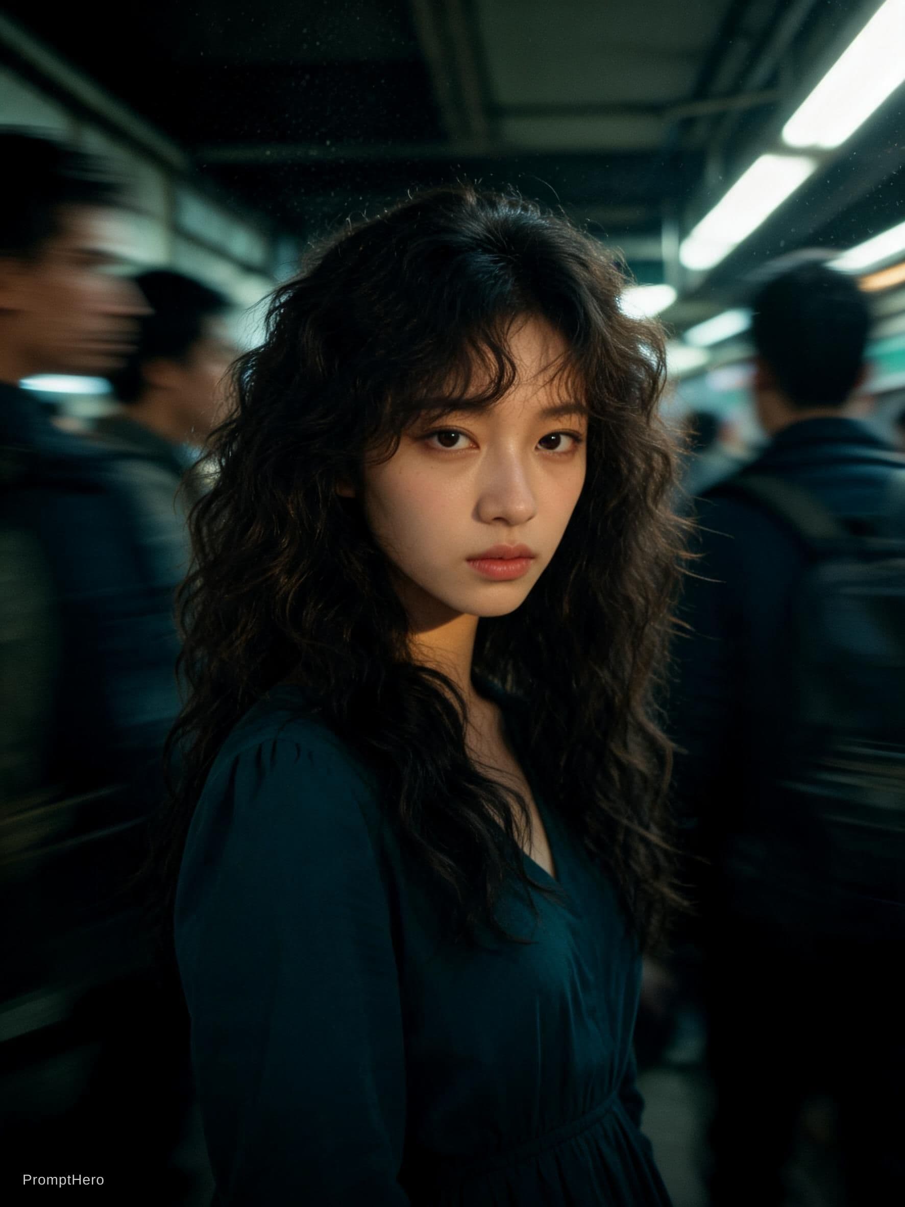 AI generated: Cinematic editorial portrait of a young women in her early twenties standing motionless at the
cente...