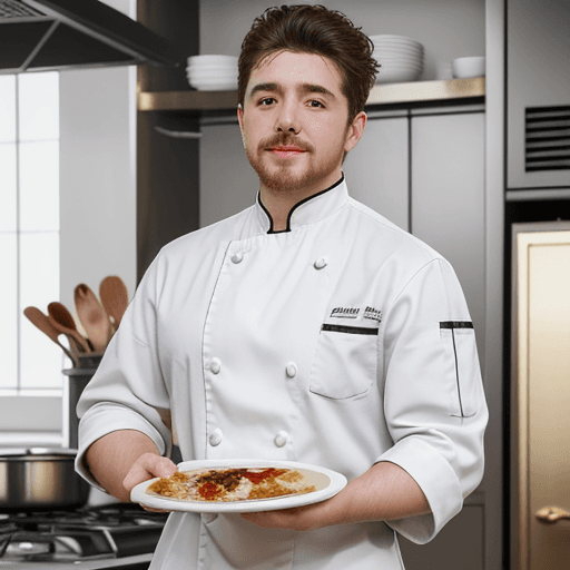 AI generated: An accomplished chef in a stark white uniform, passionately crafting culinary art in a bustling bras...