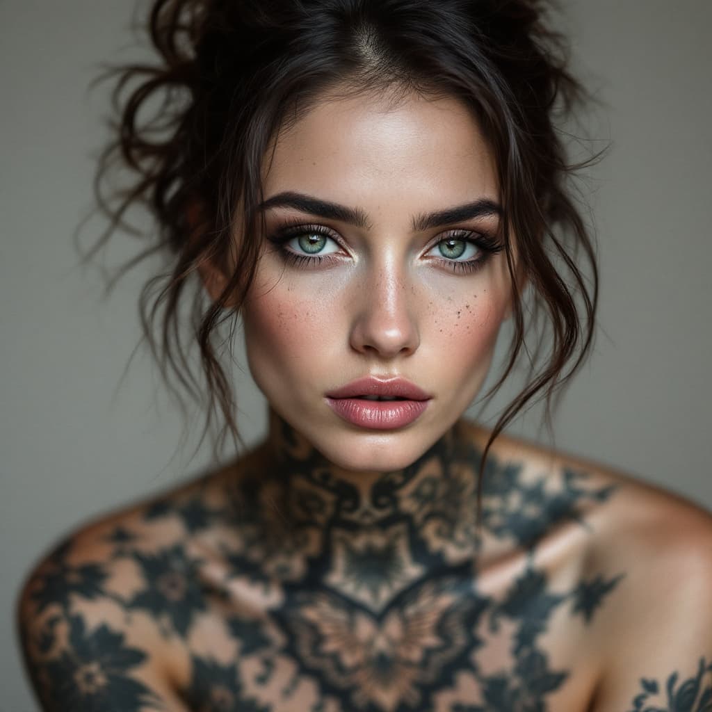 AI generated: style photographique réaliste, une femme, tatouée sur tout le corps