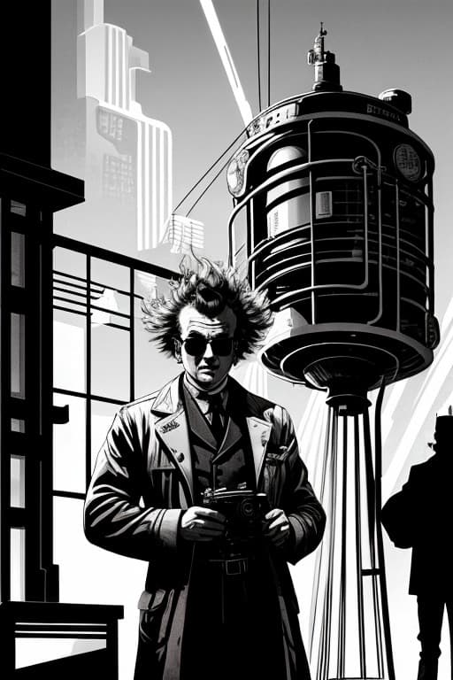 AI generated: mad scientist, retro future, high contrast, dramatic shadows, 1940s style