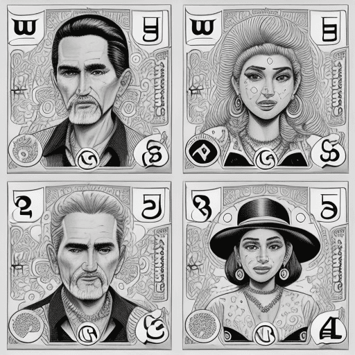 AI generated: black and white, coloring book, in the style, Loteria game sets published and produced by Don Clemen...