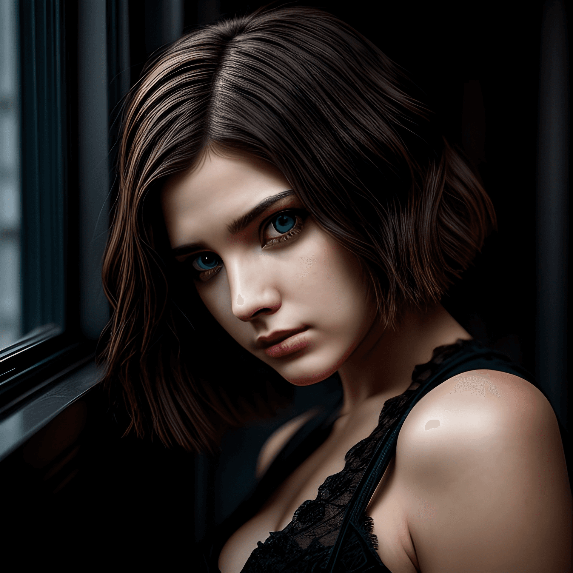 AI generated: Woman,cyberpunk, building exterior, glass window, city background, building, Realistic, beautiful lo...