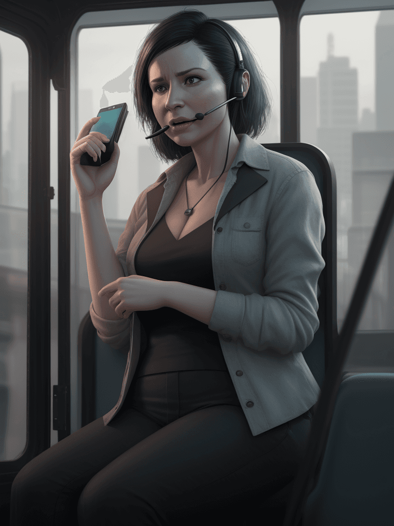 AI generated: Woman making phone call while holding a miniature bus. cinematic, hyper realism, high detail, octane...