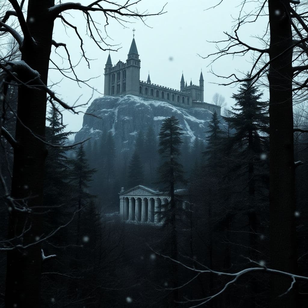 AI generated: A hyperrealistic medieval film scene featuring a forest filled with tall trees and overgrown branche...