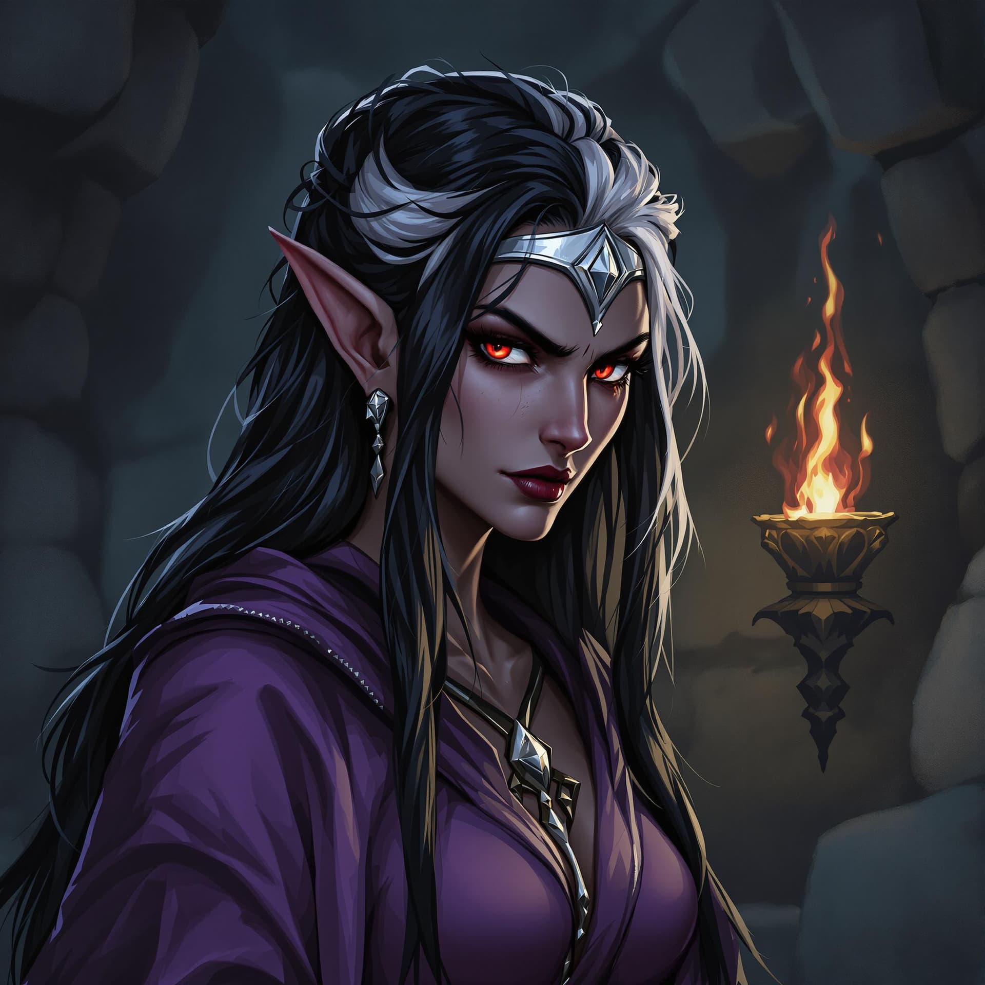 AI generated: Realistic fantasy cartoon. Beautiful dark-grey-skinned dark elf, mature woman in purple-black robes,...