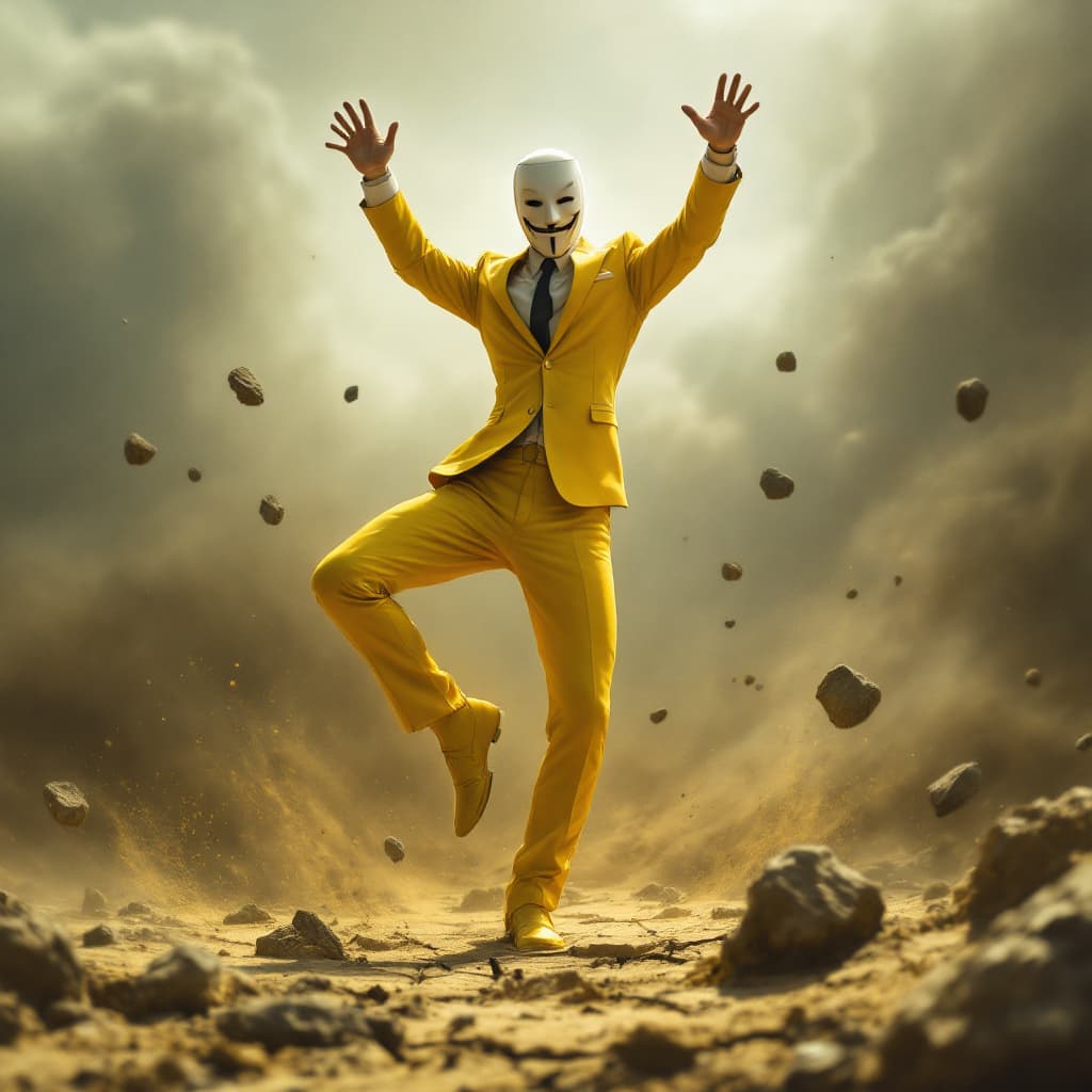 AI generated: A heroic figure wearing a bright yellow suit, with a white mask resembling the one from 'V for Vende...