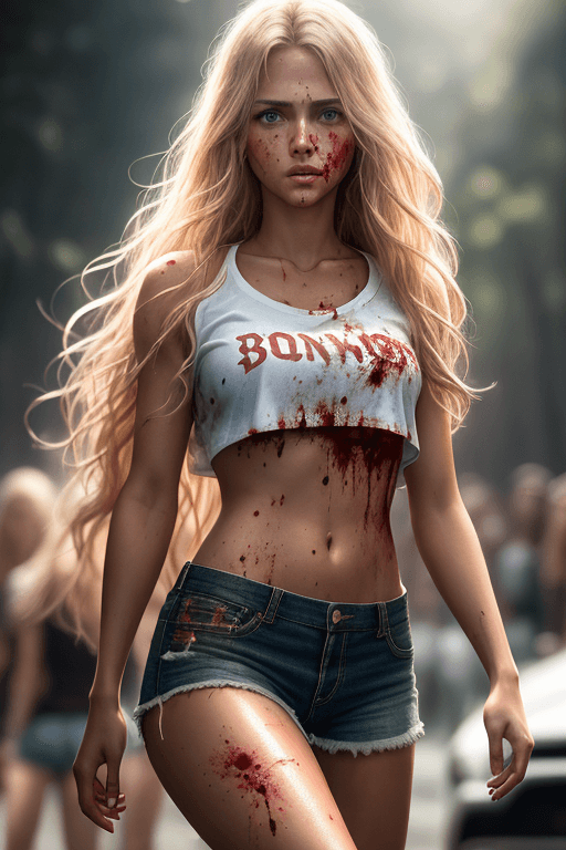 AI generated: movie poster, tanned young blonde woman, very long wavy hair, sportive slender body, B size cups, cr...