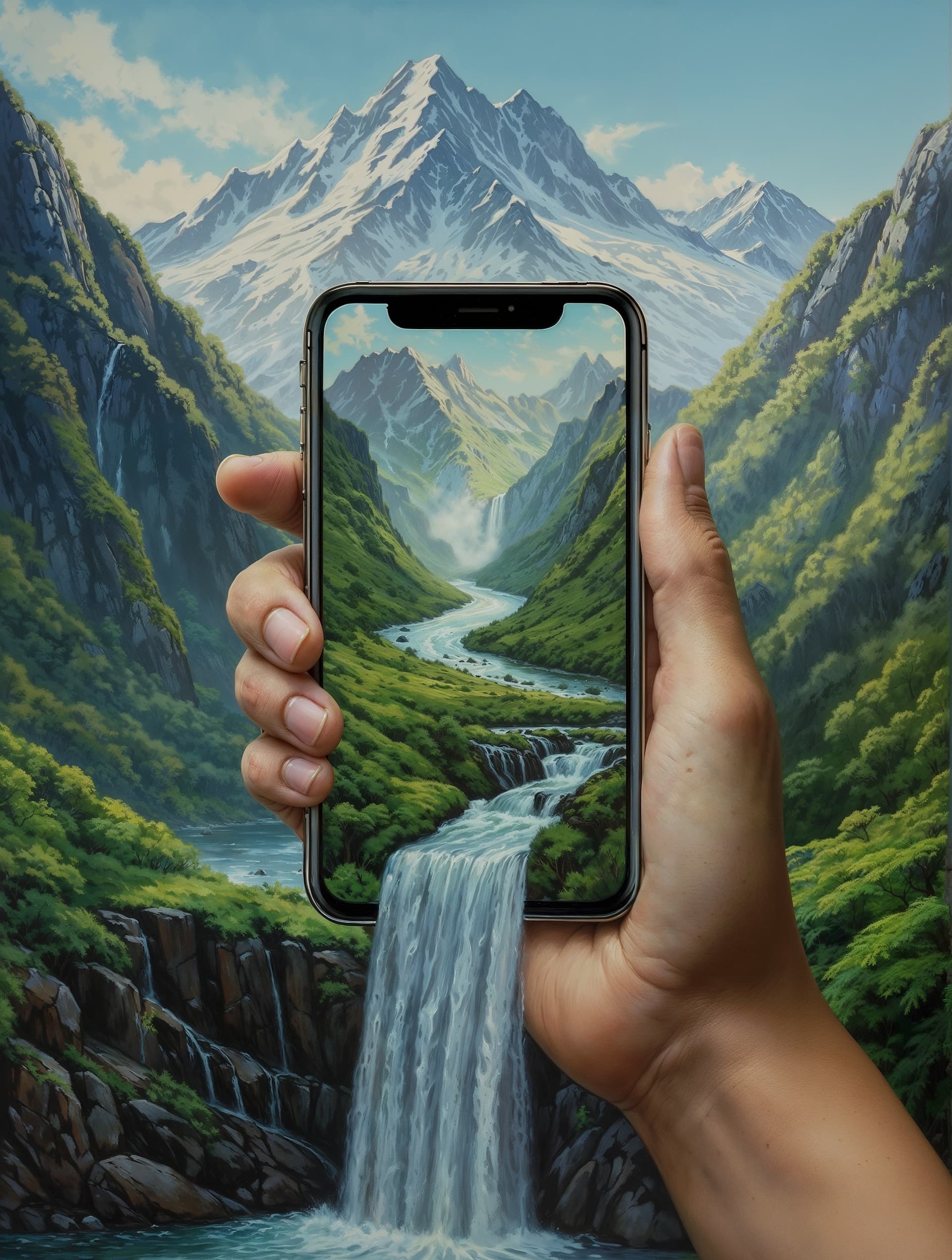AI generated: A captivating hand painting depicting an exquisite mountainous landscape, with the artist's hand ski...