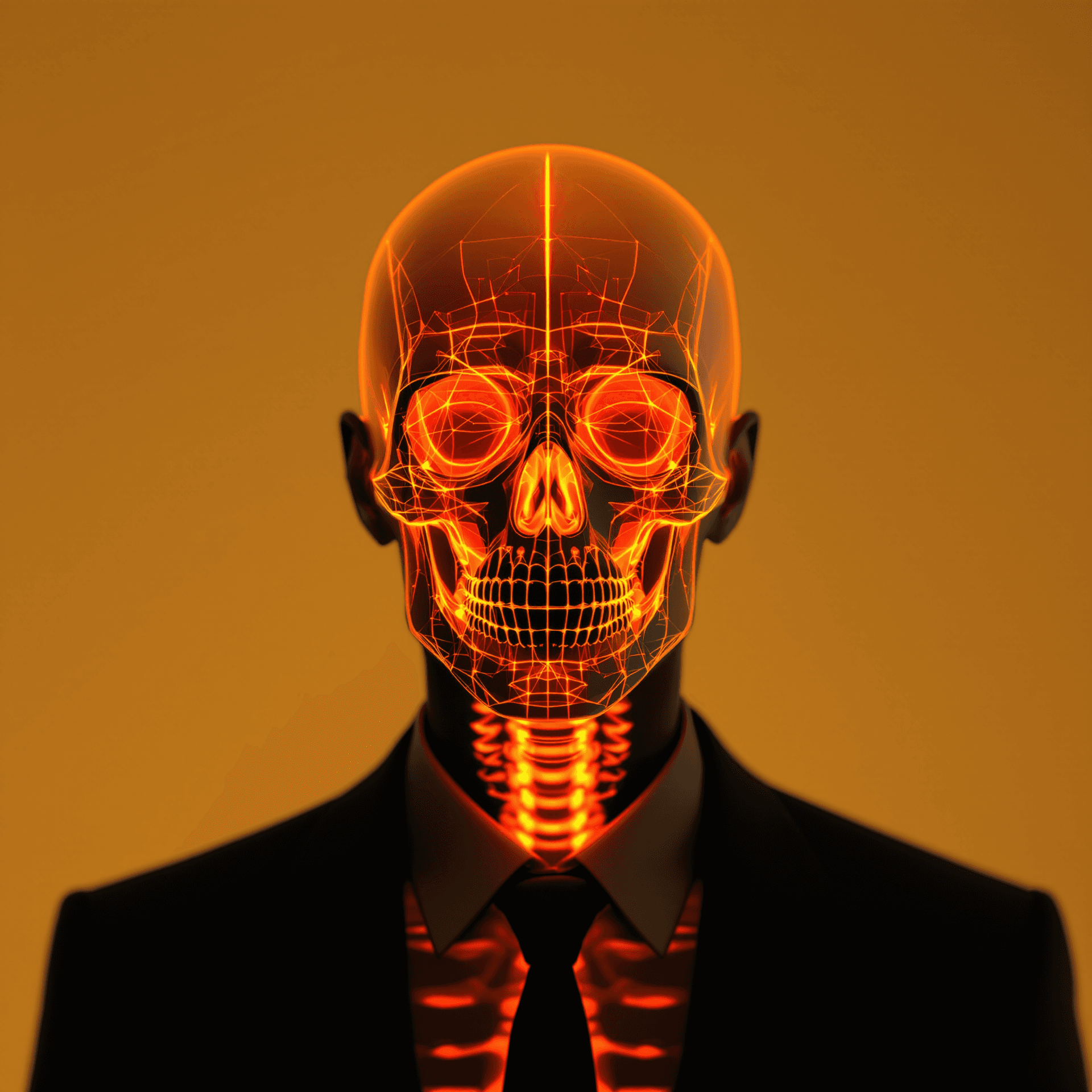 AI generated: surrealism, front portrait of a man, upper body, transparent skin revealing his skull, glowing with ...