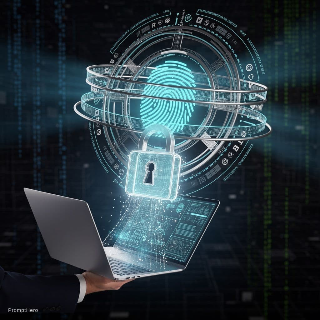 AI generated: A detailed, high-resolution photo-realistic 3D rendering of a central, glowing digital fingerprint i...