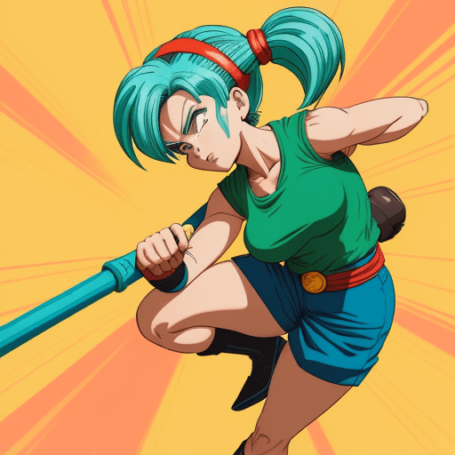 AI generated: A stylized illustration of Bulma from Dragon Ball, inspired by the art of Akira Toriyama, with vibra...