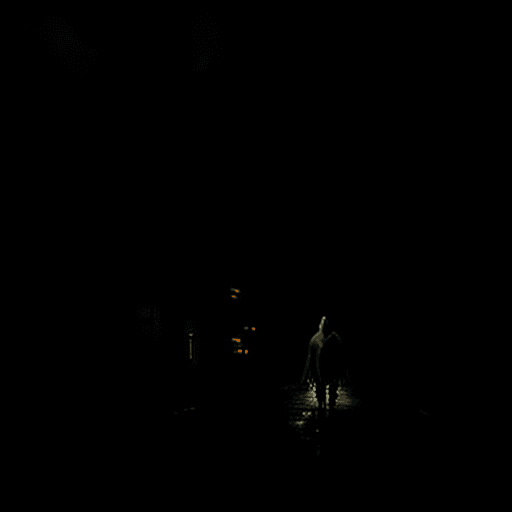 AI generated: Realistic image of post-apocalyptic city. Hooded person from the back. Rain, night, no electricity a...