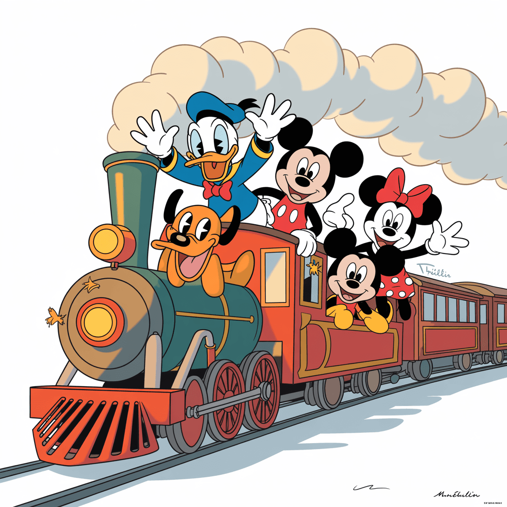 AI generated: dibujos animados de disney, el pato donal, pluto, mickey, minie, tribillin, alegres arriba de un tre...