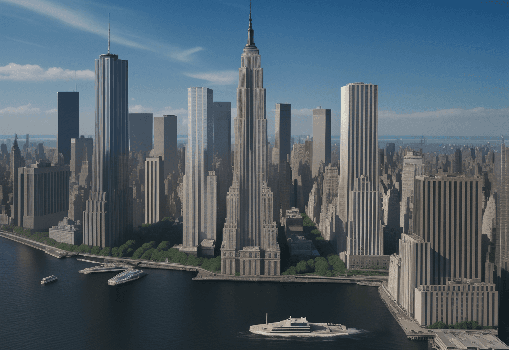 AI generated: aerial view of a giant fish tank shaped like a tower in the middle of new york city, 8k octane rende...