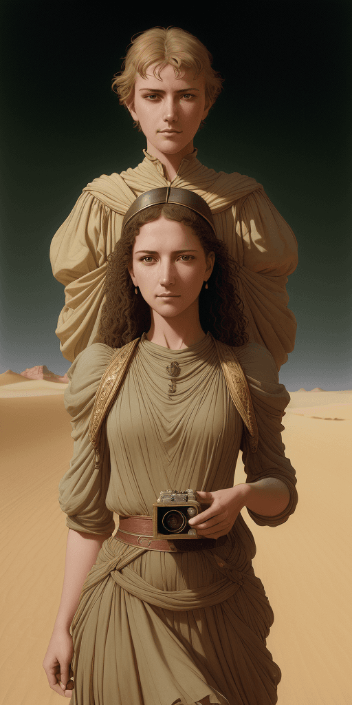 AI generated: desert road, golden ratio, by Edmund Blair Leighton, Brom, Charlie Bowater, faces by Tom Bagshaw, Sa...