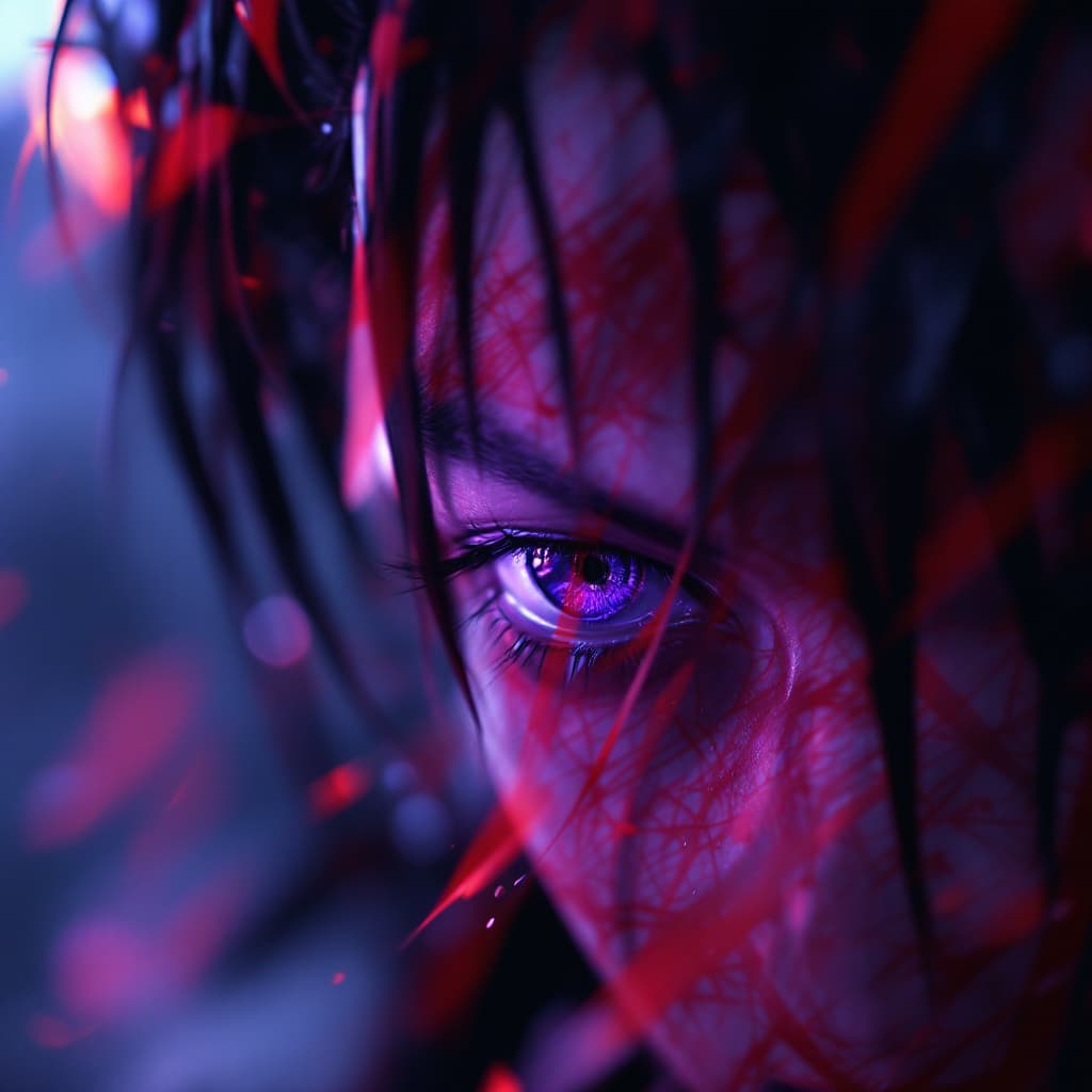 AI generated: Maki from jujutsu no kaisen, colorful realism, intense close-ups, purple, red and black, unreal engi...