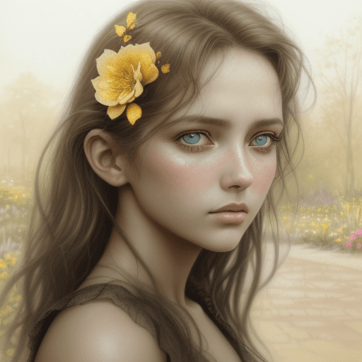 AI generated: Girl with beautiful sad eyes on the background of flowering garden. earthy tone and yellow colors (g...