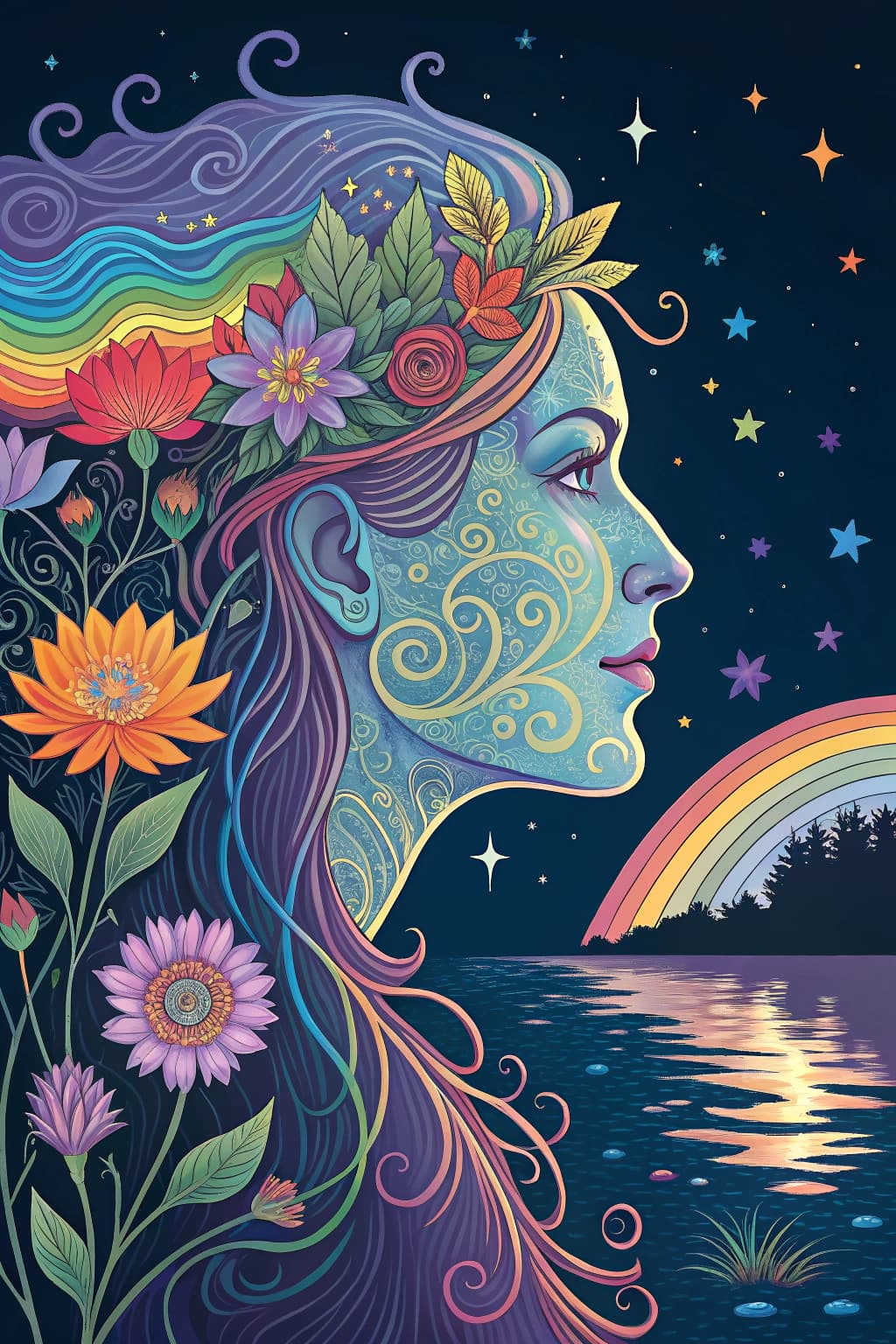 AI generated: a surreal, psychedelic portrait inspired by Alphonse Mucha and Peter Max. The image features a profi...