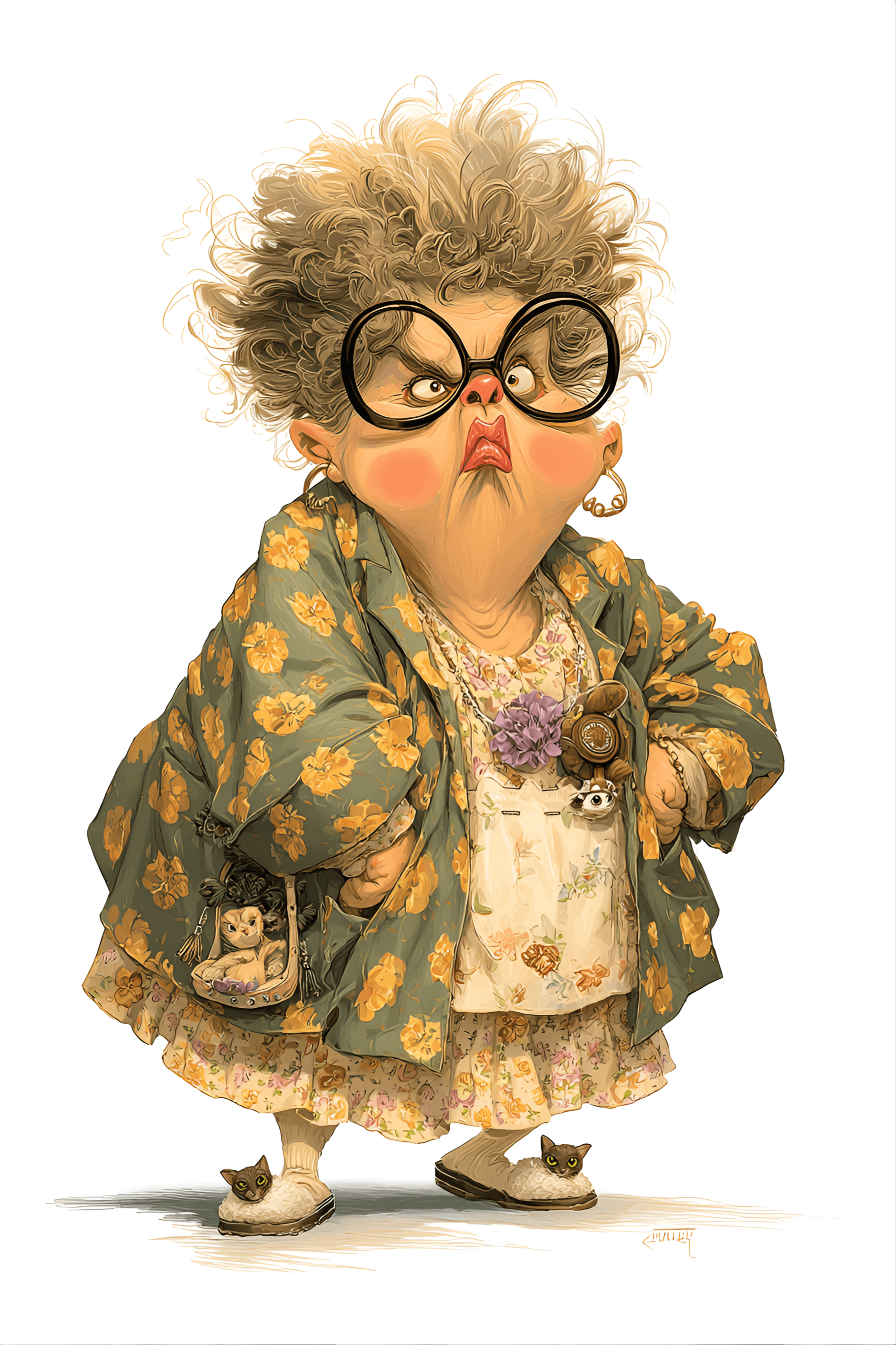 AI generated: funny caricature, eccentric cat lady, british ethnicity, 62 years old, frazzled, bespectacled, hunch...