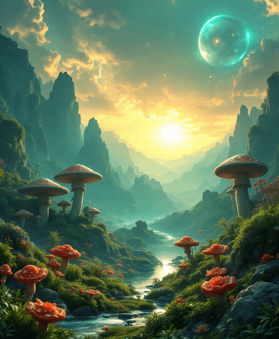 AI generated: Fantasy landscape, dynamic lights, glowing emerald, nebulas, sunset,,8k photorealistic eternal  ambi...