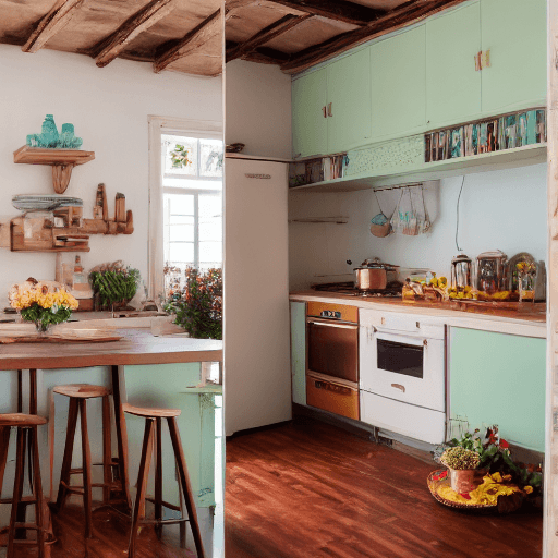 AI generated: high resolution photography interior design, dreamy retro kitchen with island, conversation pit, woo...